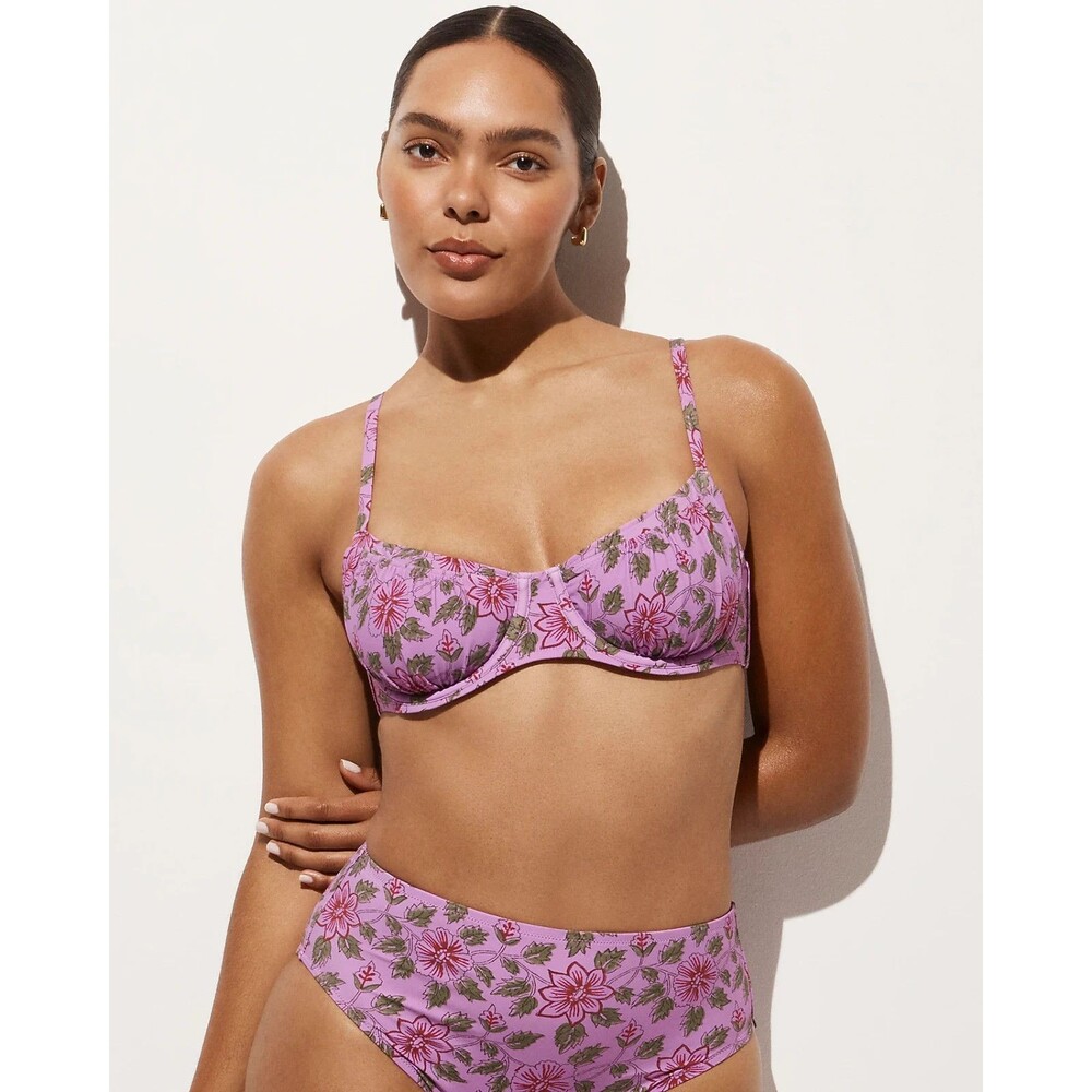 J Crew Bikini Top Womens 36B Purple Floral Ruched Underwire Swim Beach CS557 NWT